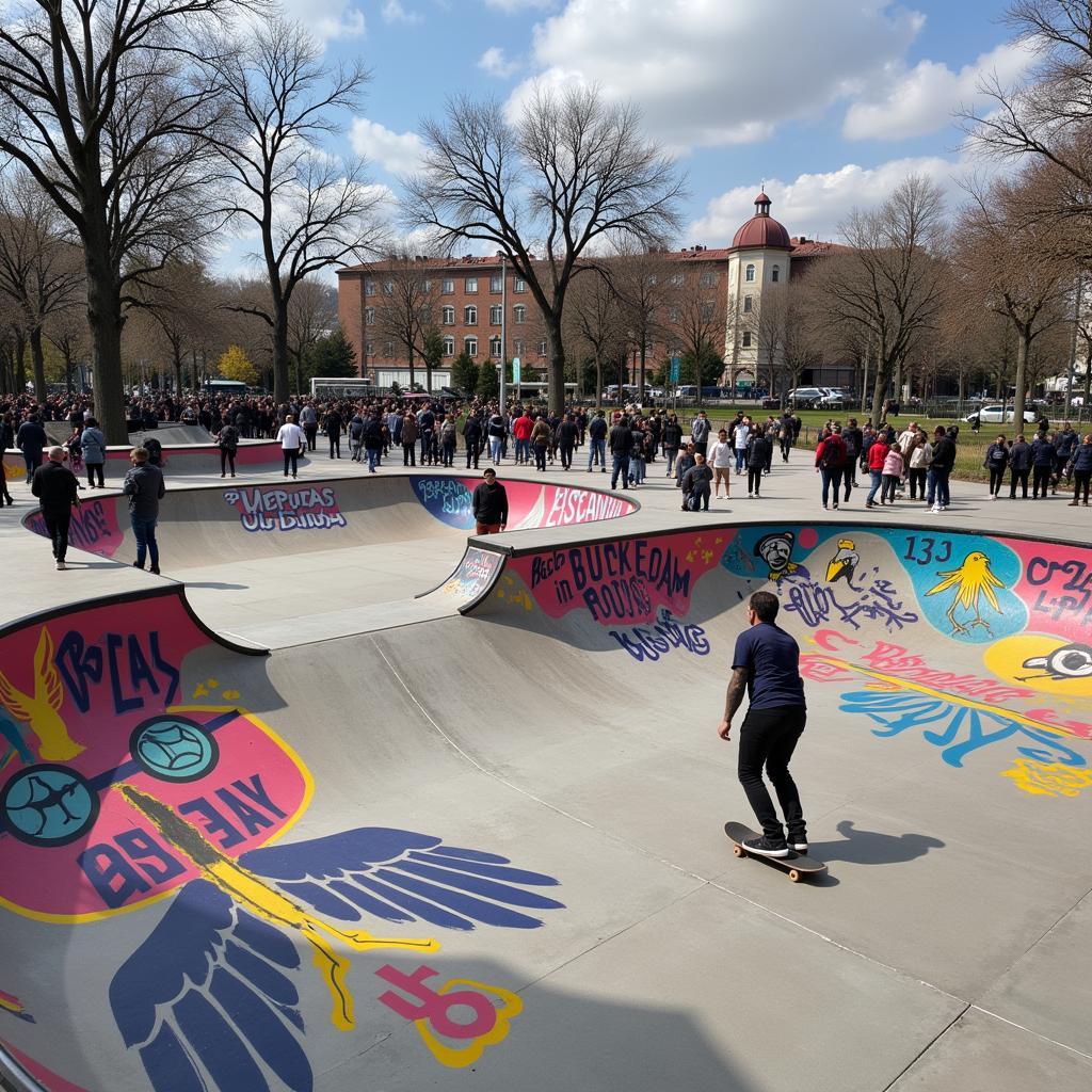 A skatepark in Istanbul adorned with colorful Besiktas-themed graffiti, with skateboarders practicing their tricks