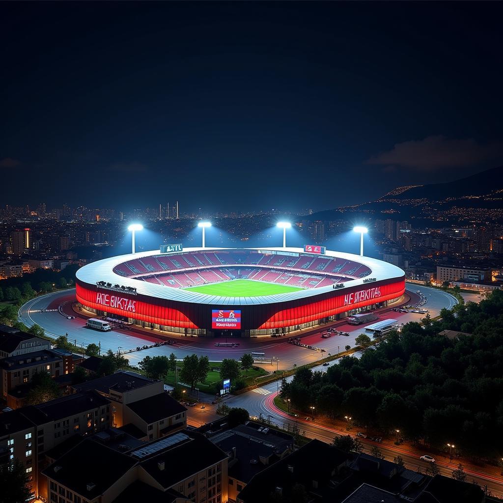 Besiktas Vodafone Park Stadium lit up at night.