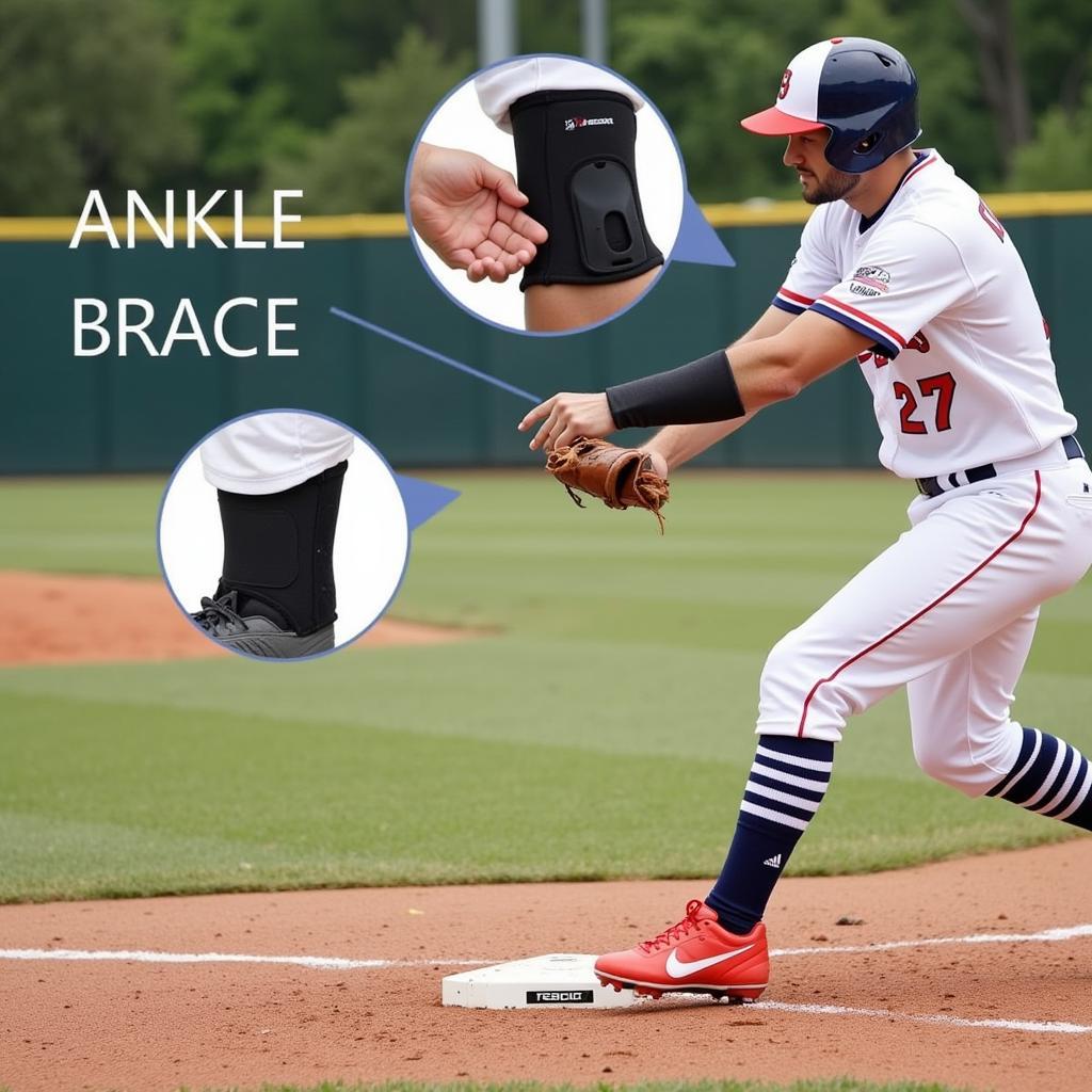 Baseball player wearing an ankle brace while hitting the ball