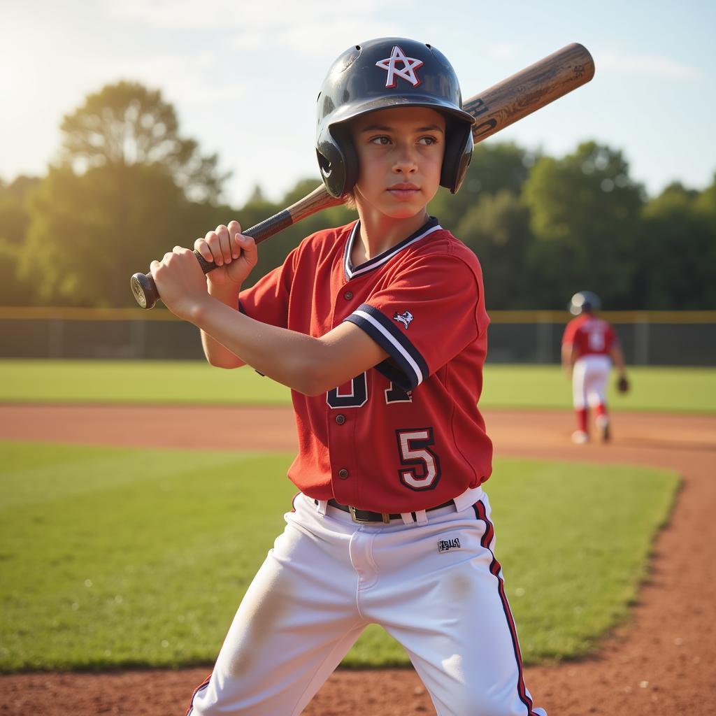 A young baseball player confidently swings a drop 5 bat.