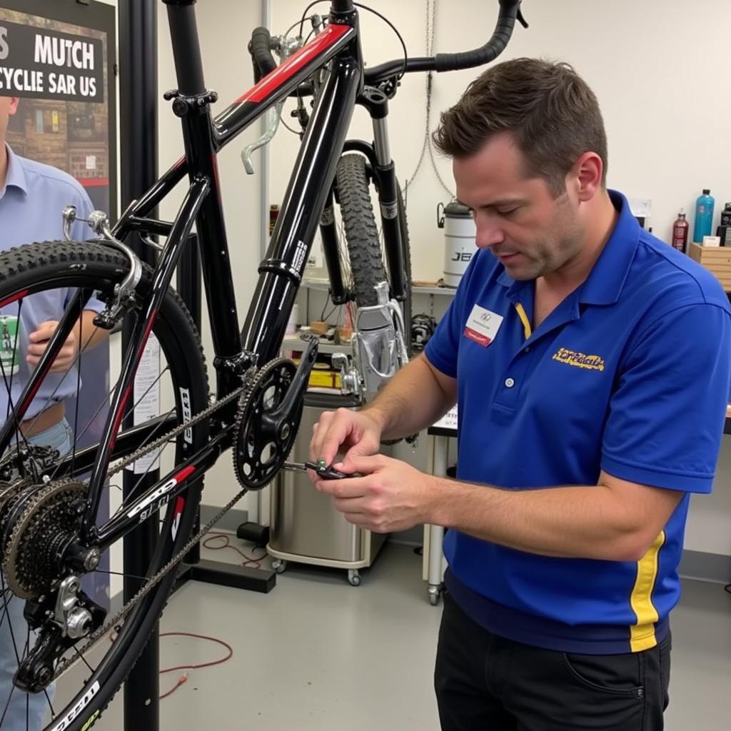 Bike mechanic repairing bicycle