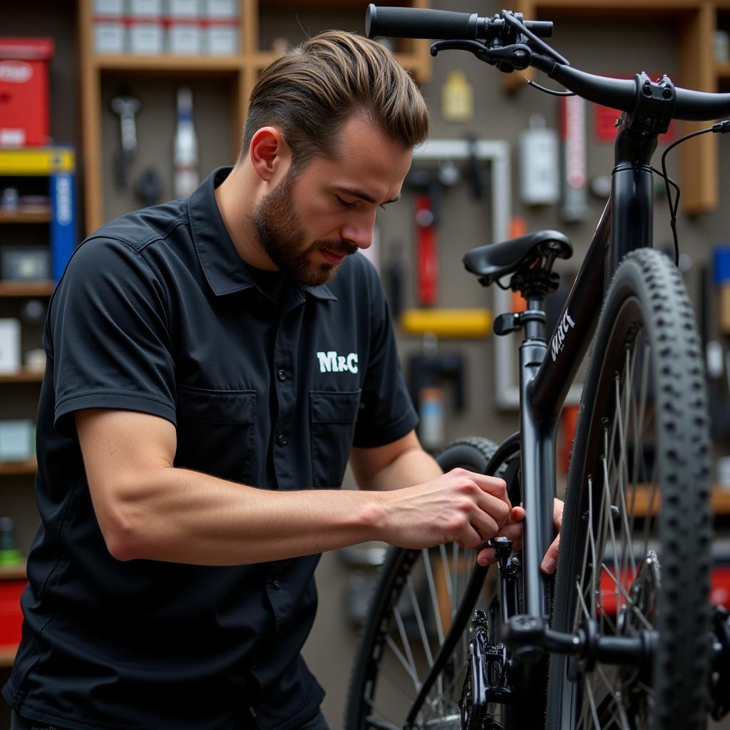 Bike mechanic repairing a bike at Mr C Bike Shop