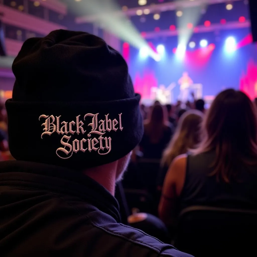 Black Label Society beanie worn by a fan at a concert