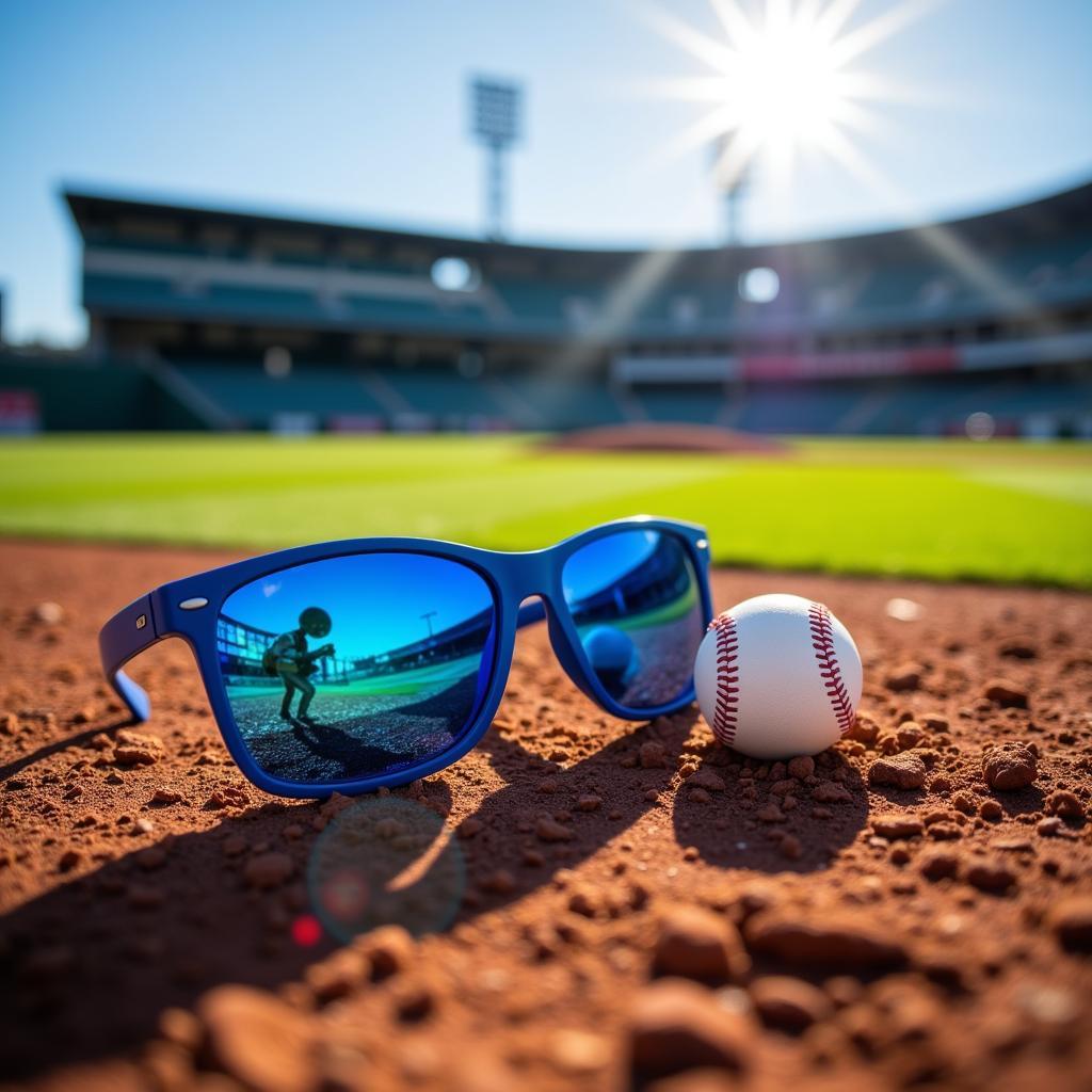 Blue baseball sunglasses on a baseball field