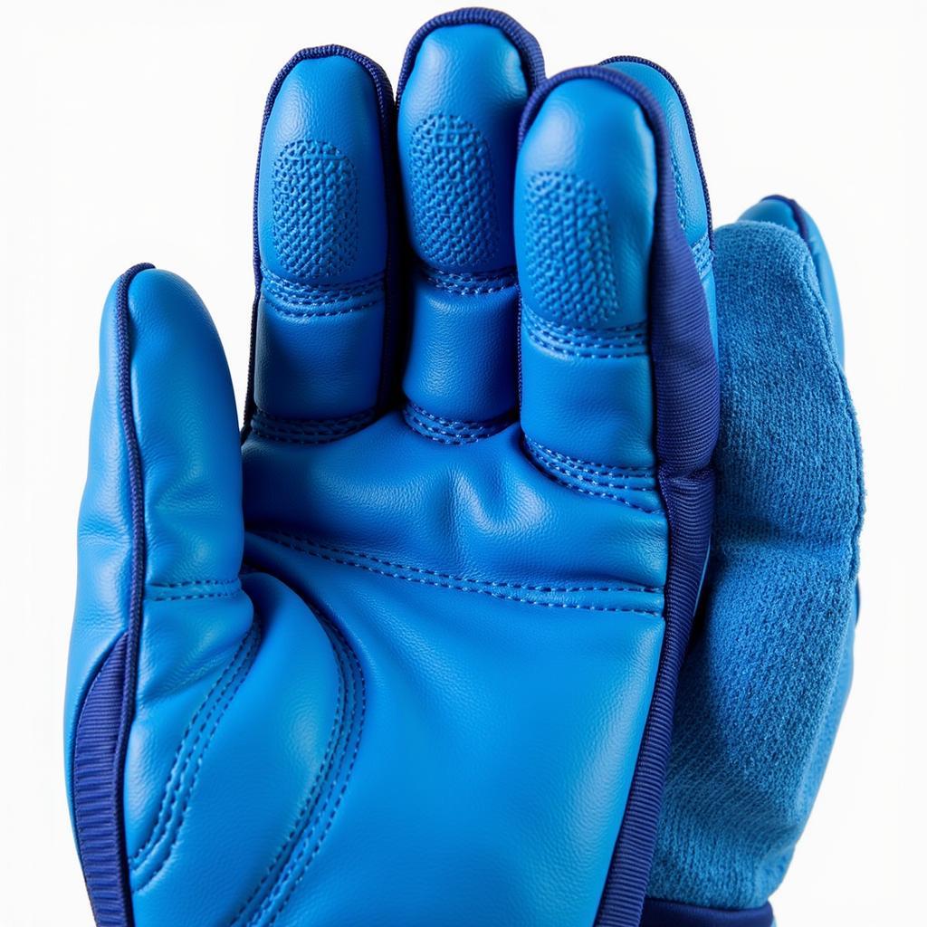 Close-up of blue batting gloves with grip details