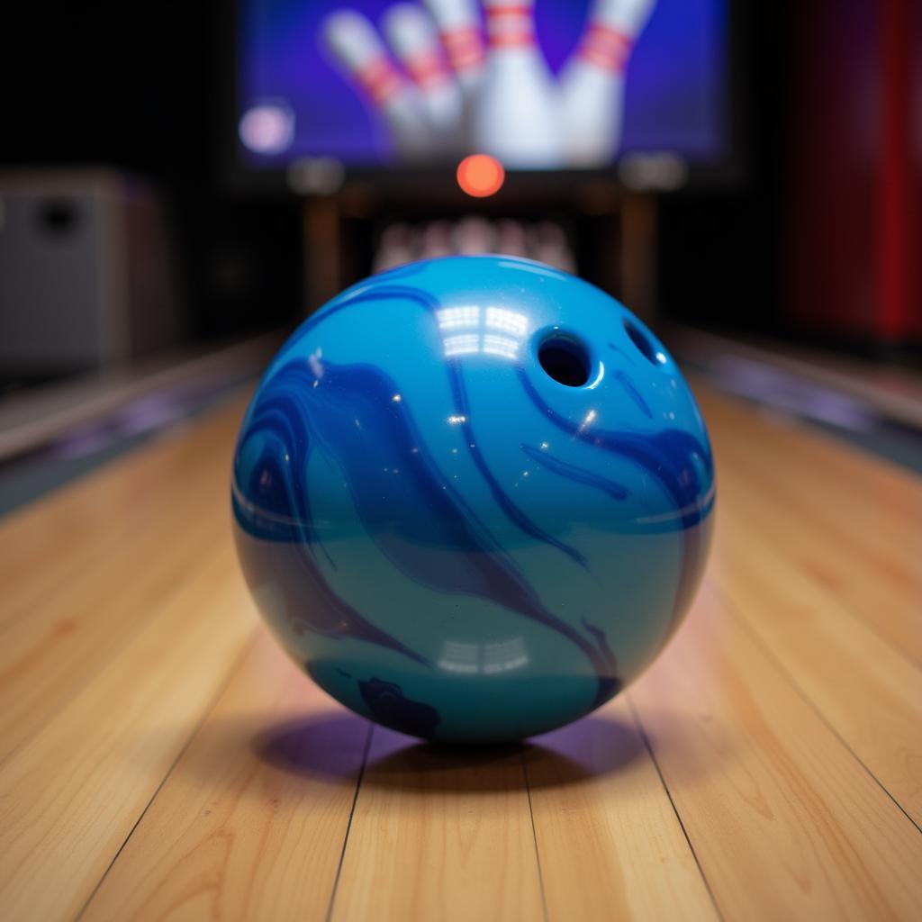 Blue Bowling Ball Rolling Down Lane