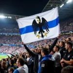 Besiktas fans waving the blue line GSG-16 flag in the stands