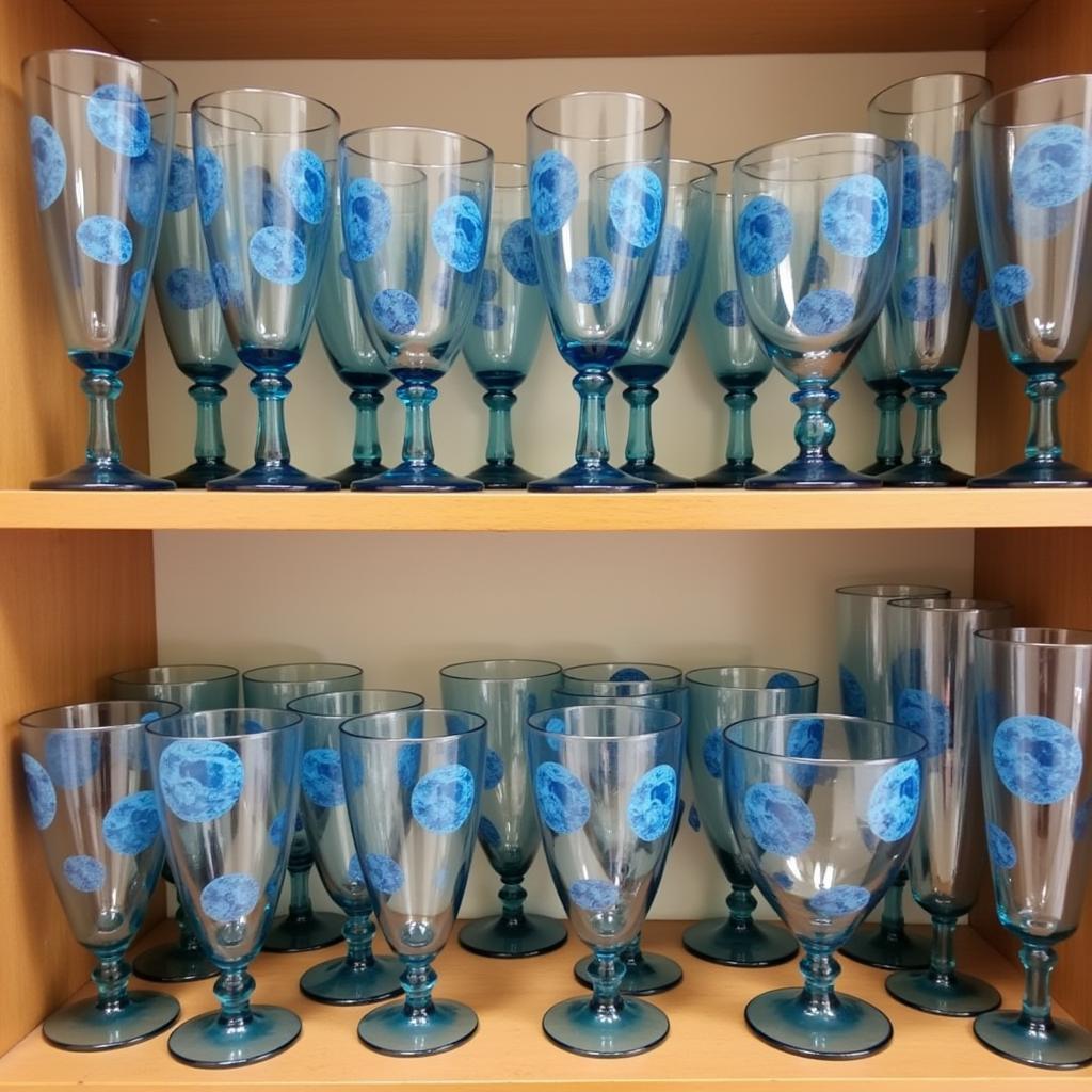 A collection of Blue Moon glasses displayed on a shelf