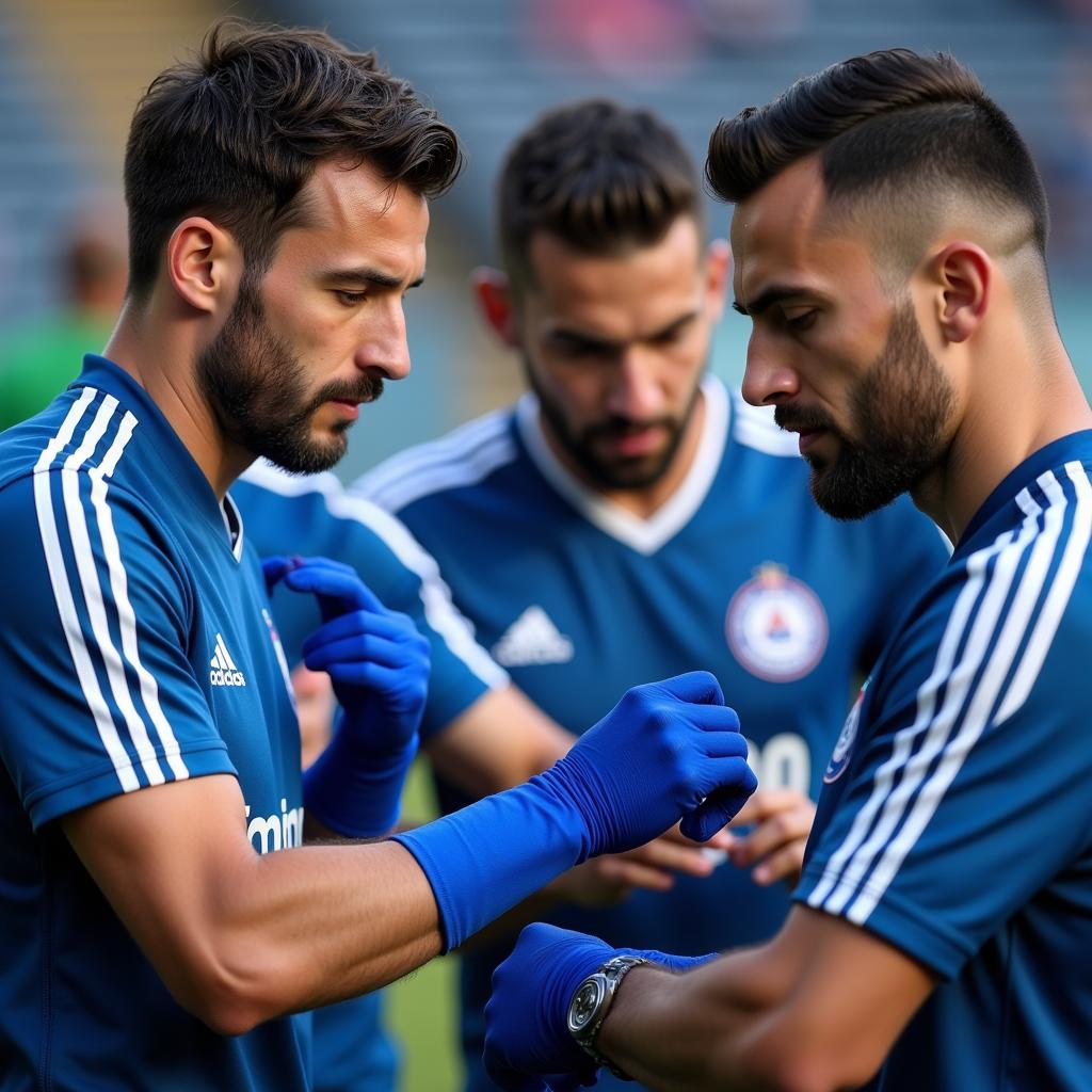 Besiktas players applying blue pre wrap