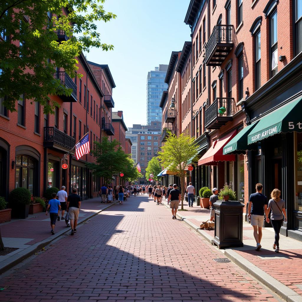 A bustling street scene in a charming Boston neighborhood