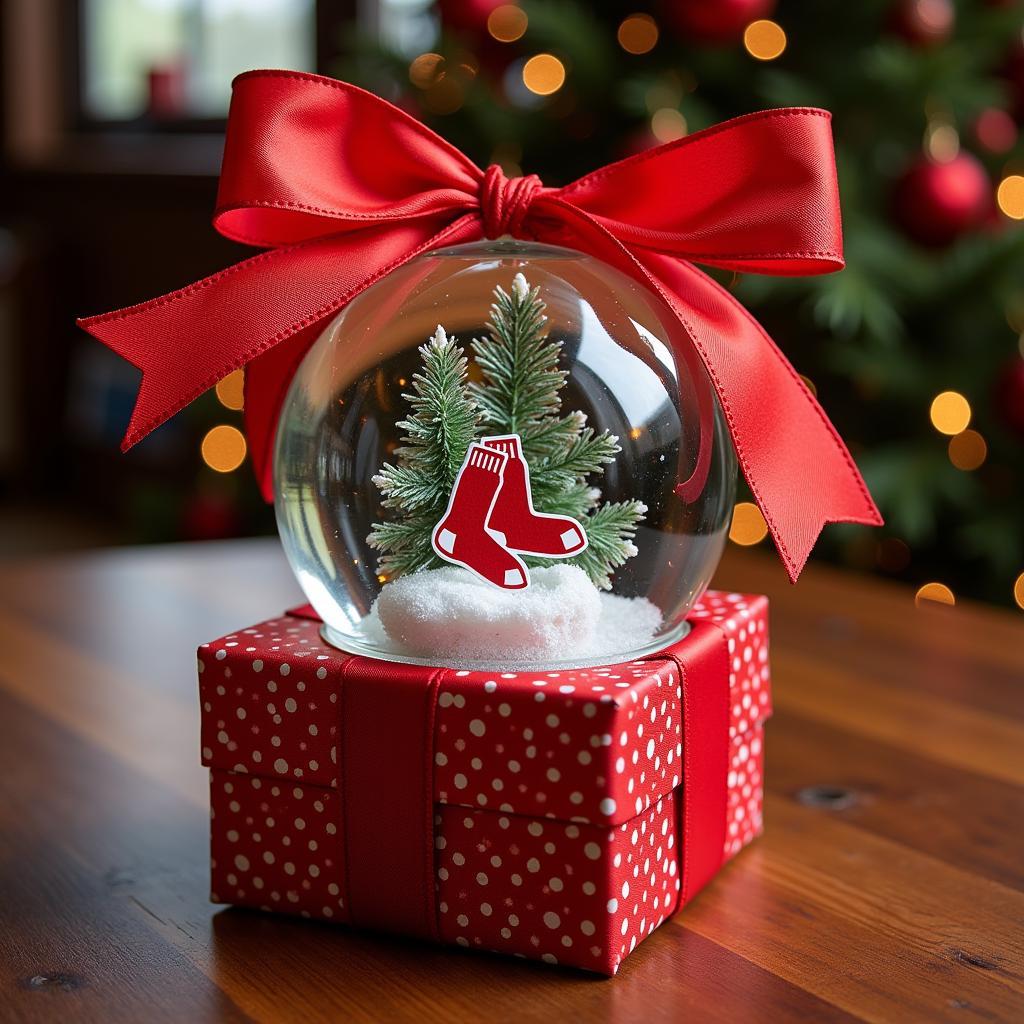 A Boston Red Sox snow globe wrapped in gift paper.