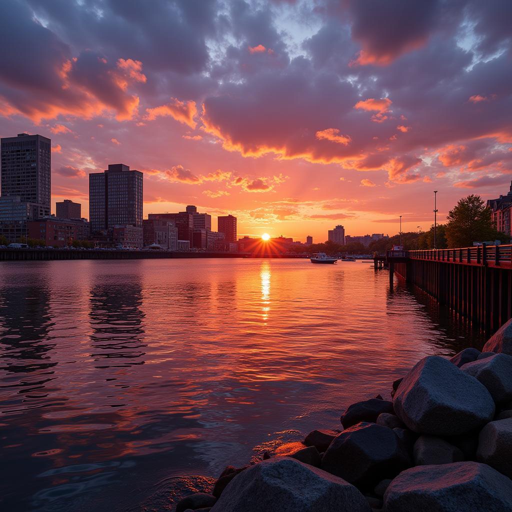 Boston's waterfront bathed in the golden hues of sunset