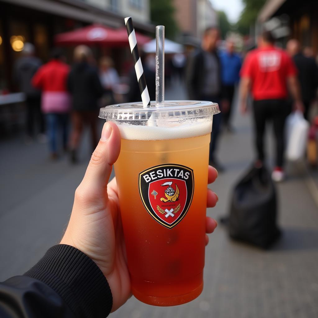 Besiktas fan enjoying a drink with a bowl straw