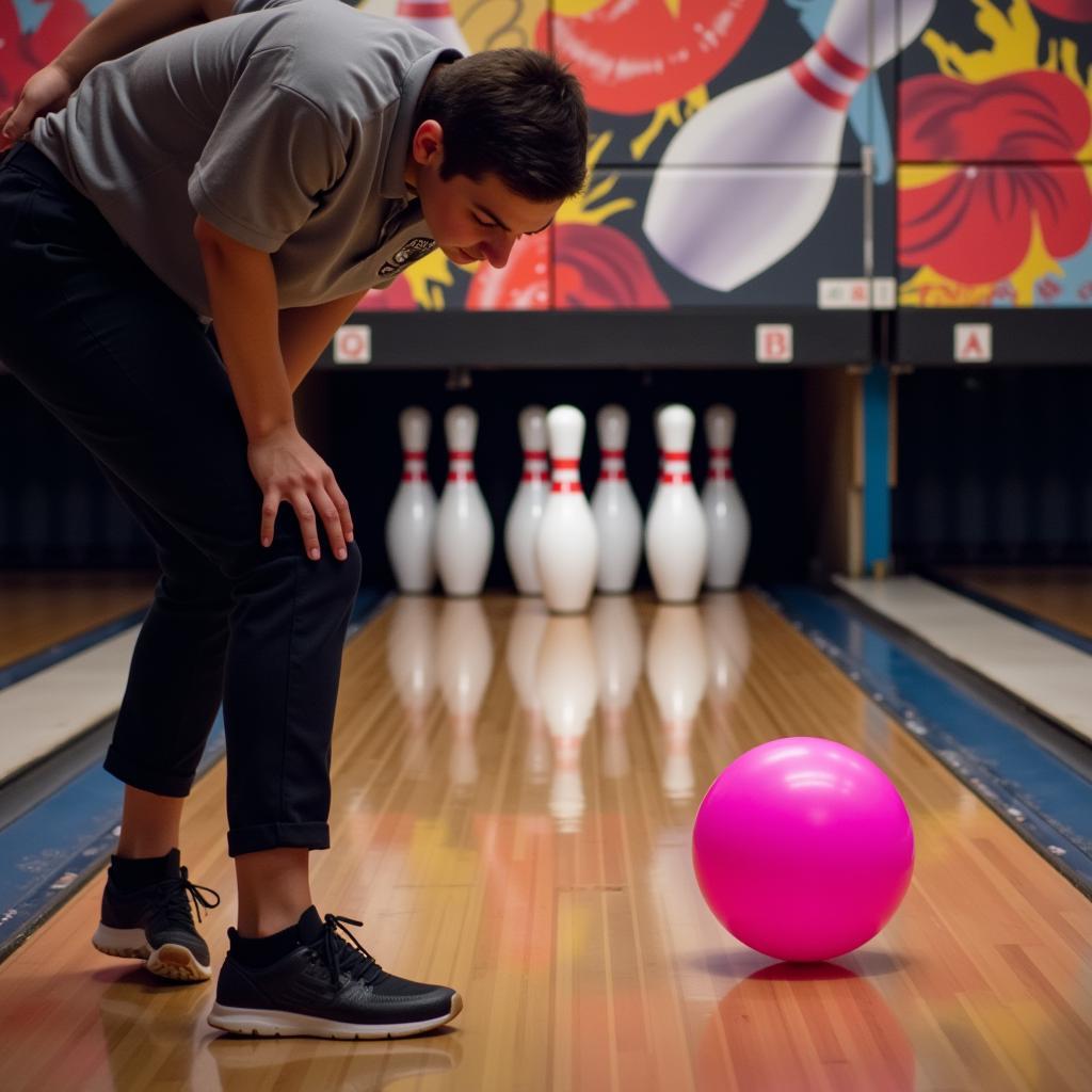 A bowler lines up their shot, preparing to release a pink bowling ball