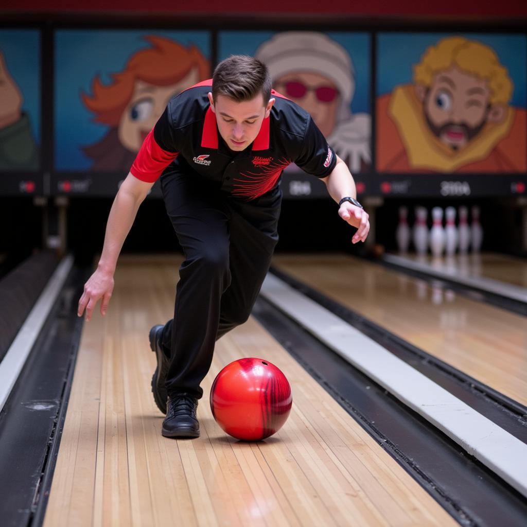 A bowler aiming for a strike on dry lanes