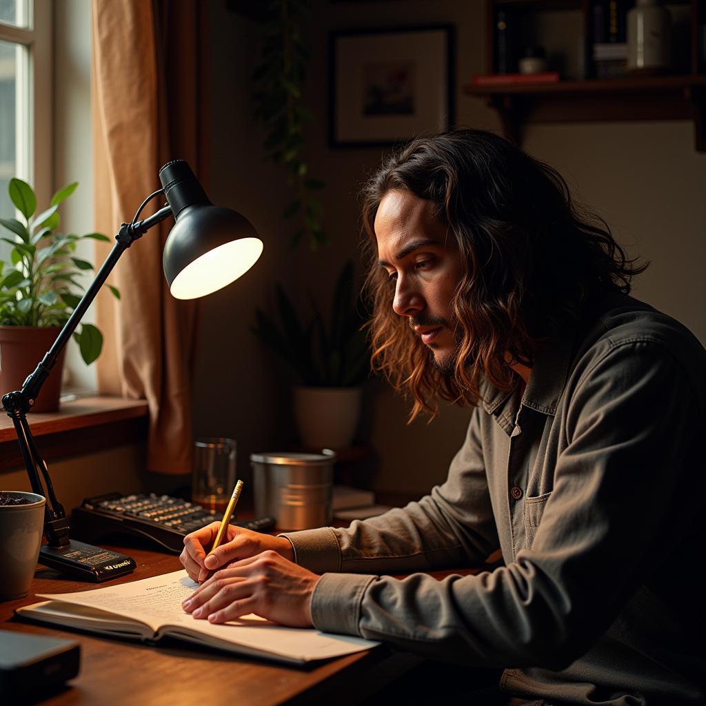 Brandon Boyd deeply engrossed in songwriting, penning lyrics in a notebook