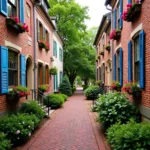 Historic brick sidewalks and colonial-era houses line Brewers Lane in Easton, MD