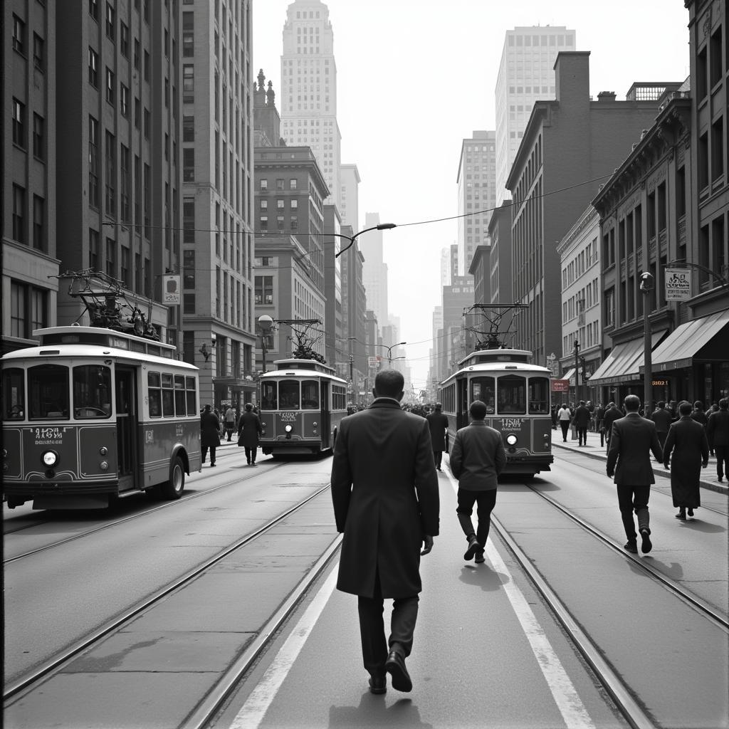 Brooklyn Dodgers fans evading trolley