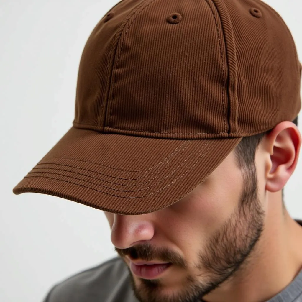 Man wearing a brown corduroy baseball hat