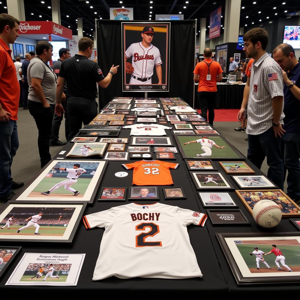 Bruce Bochy autographed items on display at a sports memorabilia show