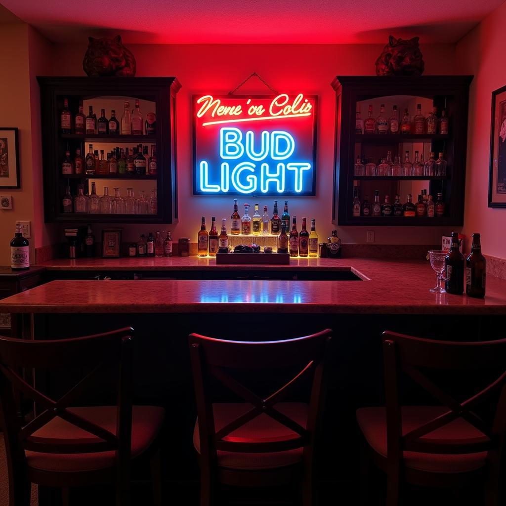 Bud Light Neon Sign Illuminating a Home Bar