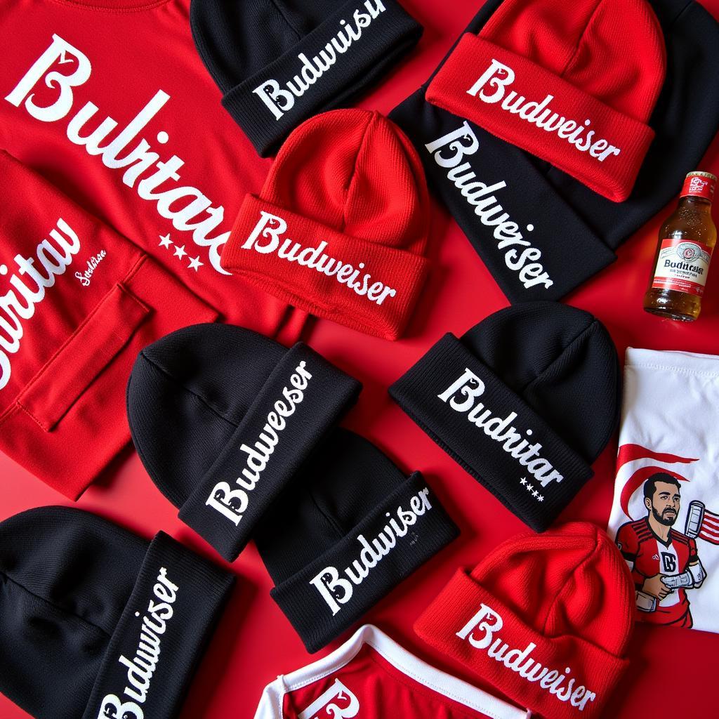 A collection of Budweiser beanies in various styles