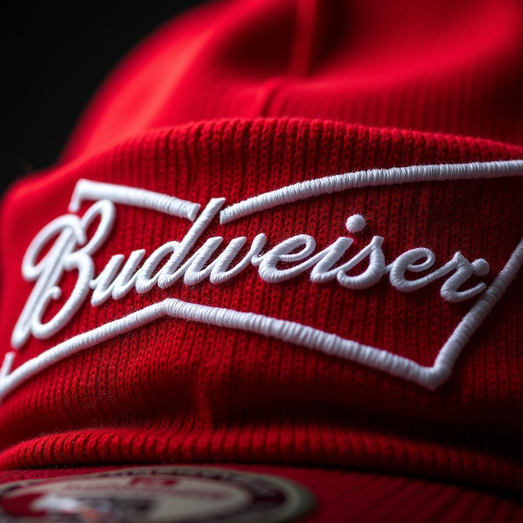 Close-up of Budweiser beanie's design details