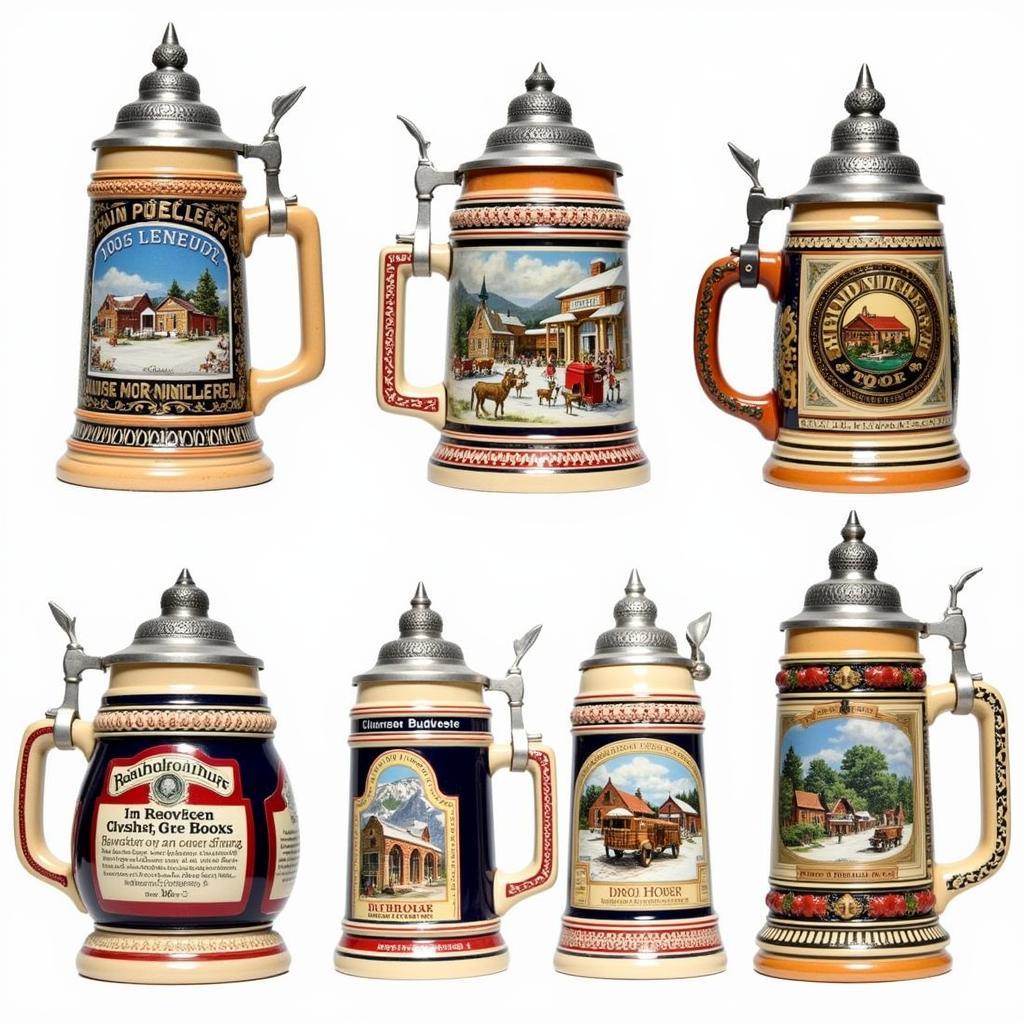 A collection of Budweiser Holiday Steins from different years.