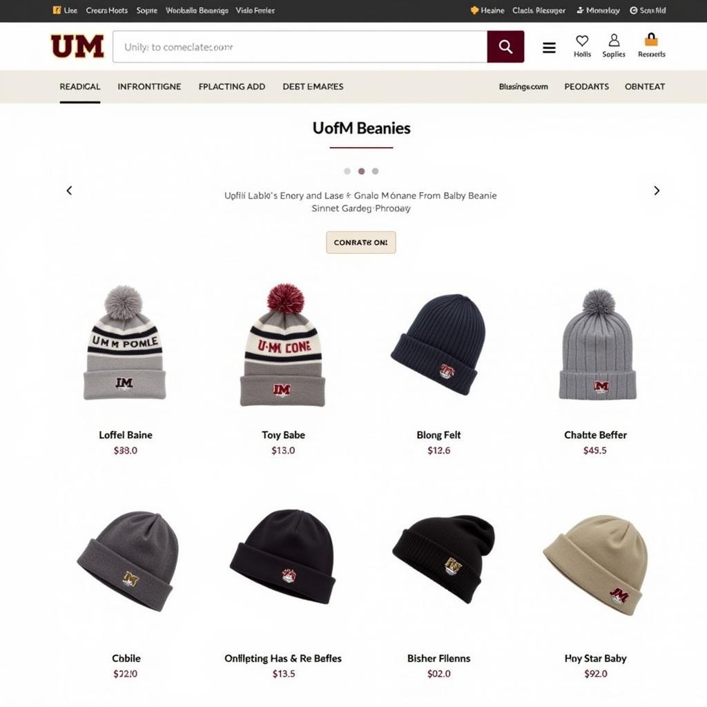 Buying U of M Beanies Online: A screenshot of a website selling various styles of U of M beanies, showcasing different colors, designs, and price points.