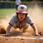 A Camden Little League player sliding into home plate amidst a cloud of dust