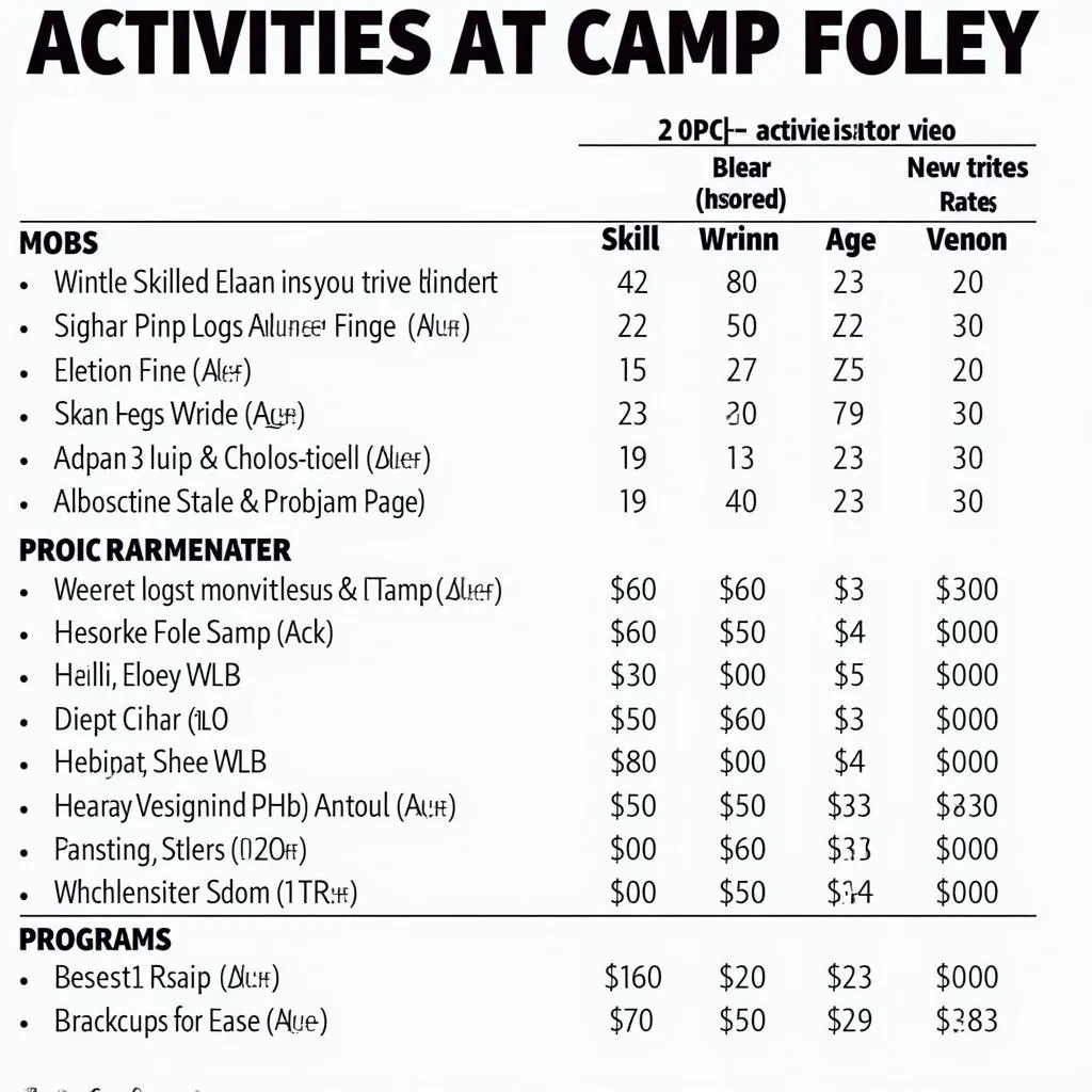 Camp Foley Activities and Rates Chart