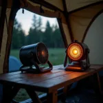 Camping Fan with LED Light Inside a Tent