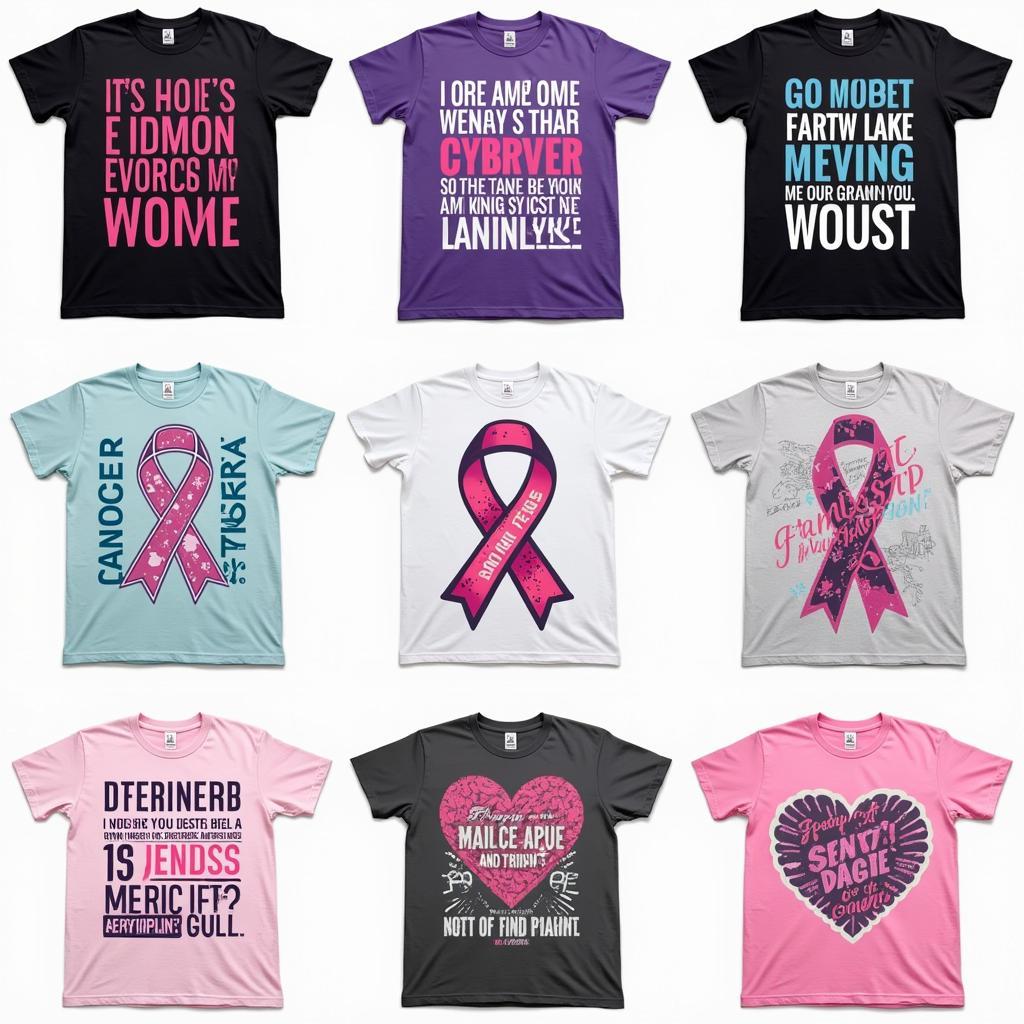 Various cancer survivor tee shirt designs displayed