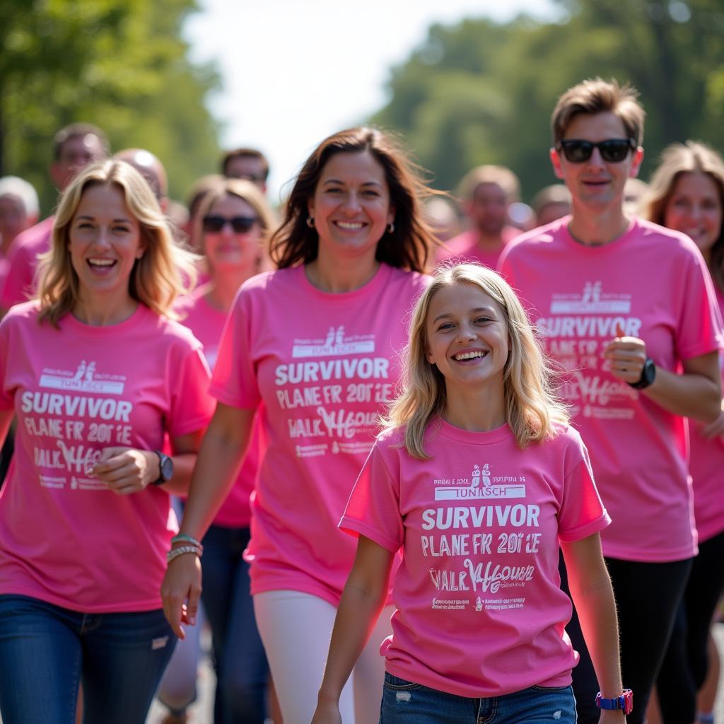 A group of people wearing cancer survivor tee shirts at a fundraising event.