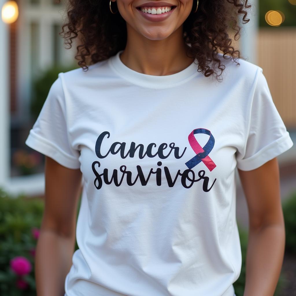 A cancer survivor proudly wearing a tee shirt with an inspirational message.