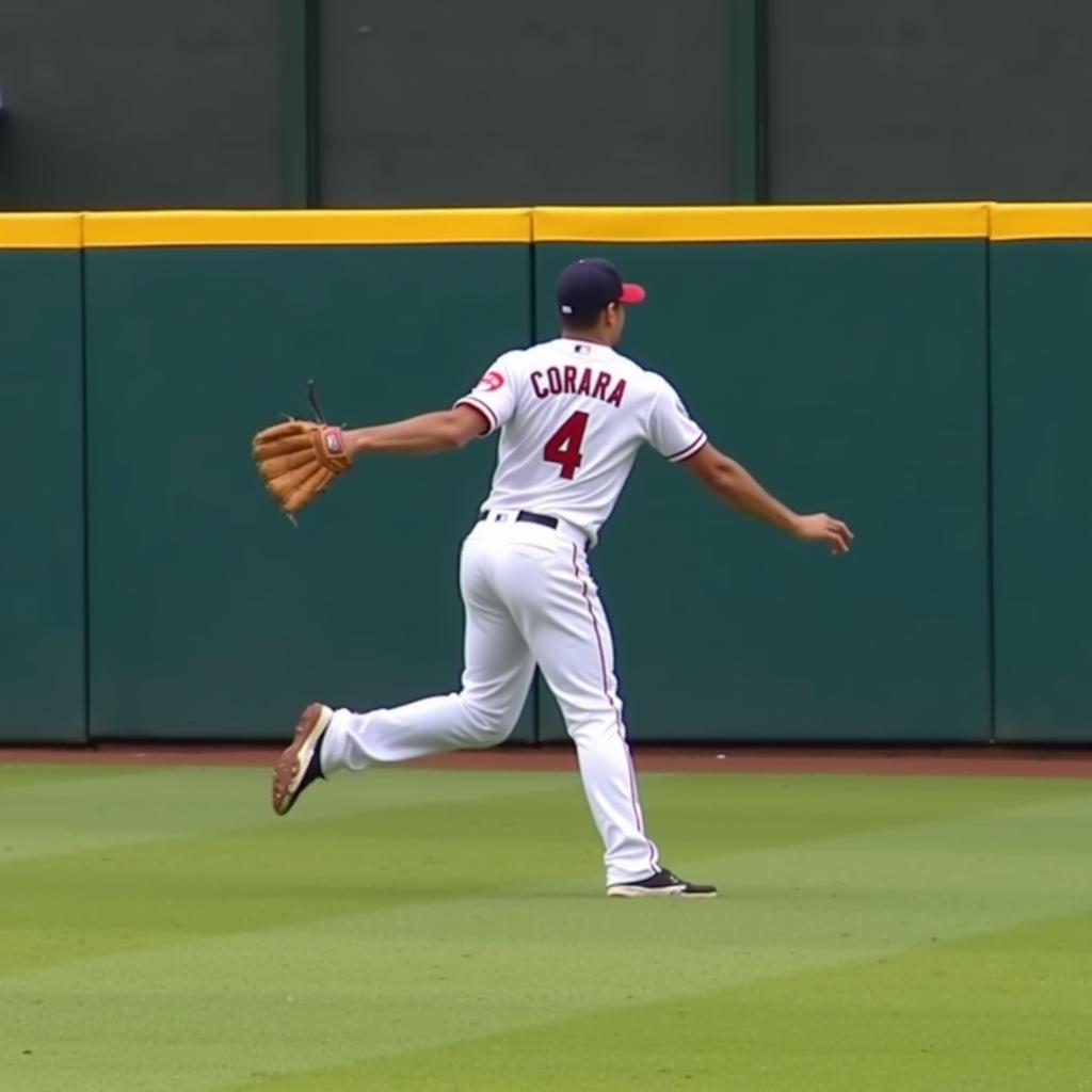 Carlos Correa making a powerful throw to first base after a successful catch