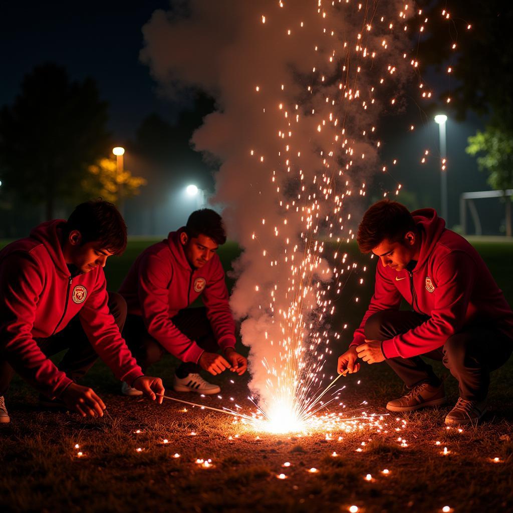 Members of the Çarşı supporter group meticulously preparing letter fireworks for a Besiktas match