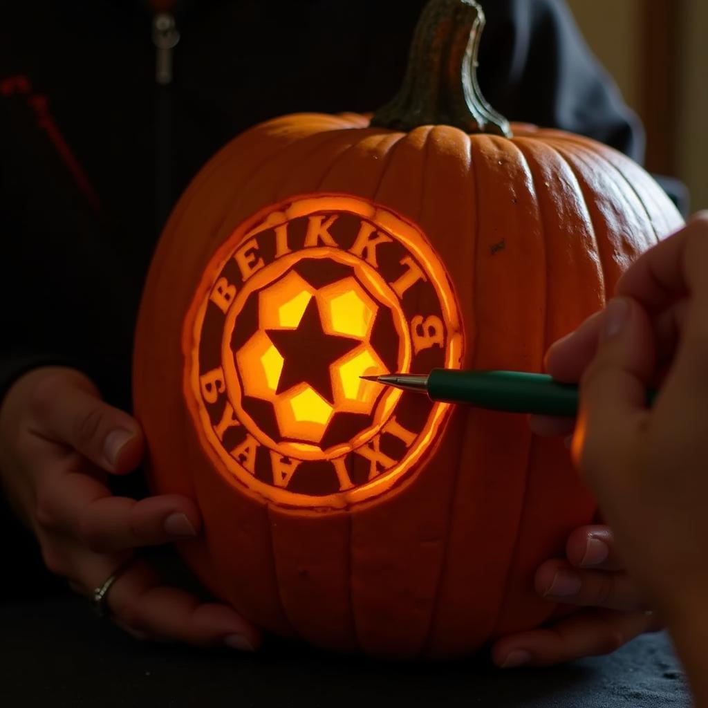 Carving a Besiktas logo into a pumpkin