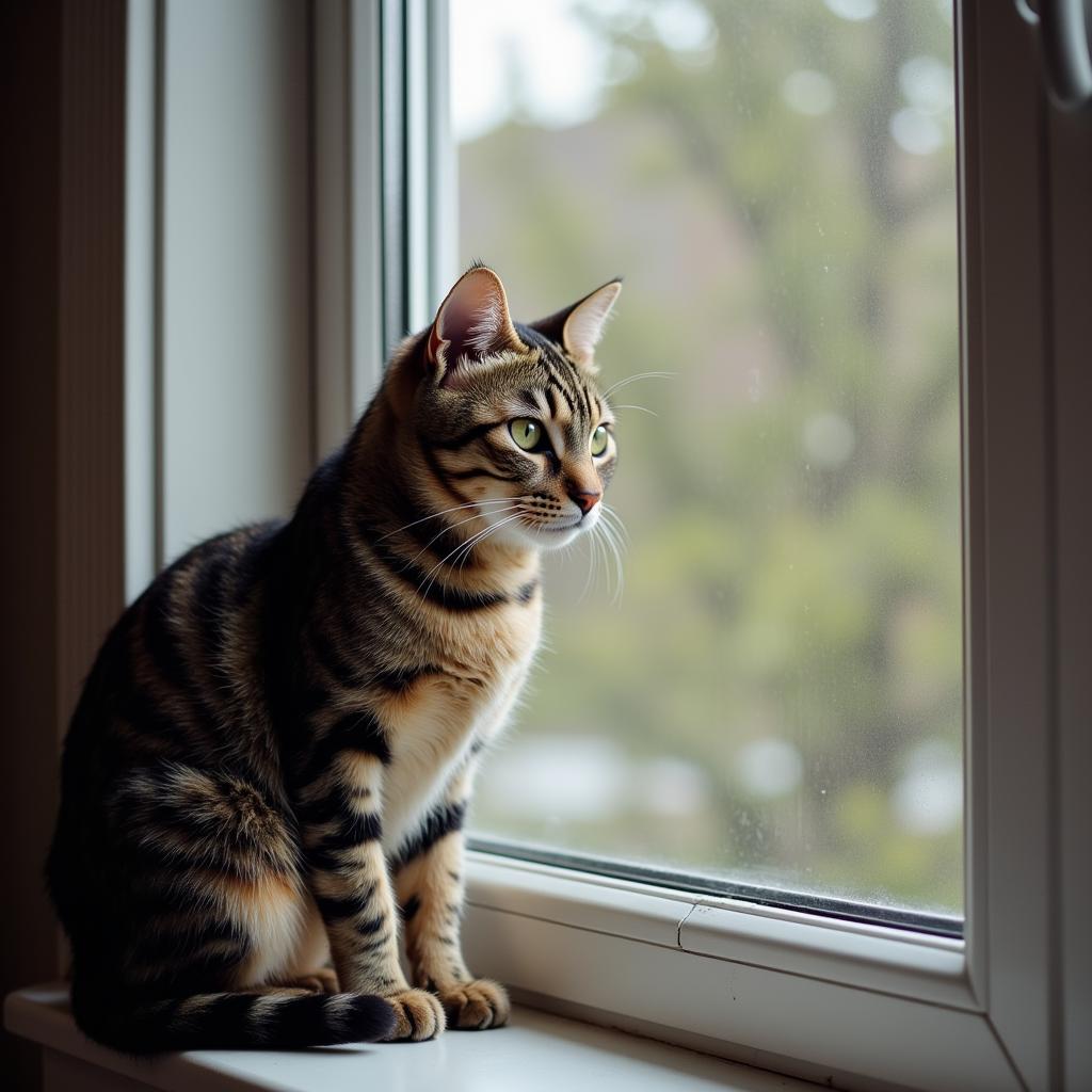 Worried Cat Gazing Through Window