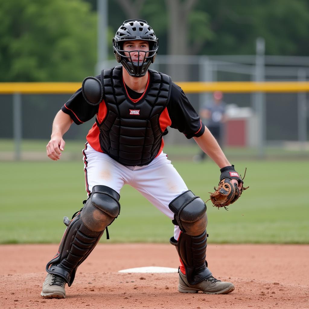 Catcher in Action with Two-Piece Mask