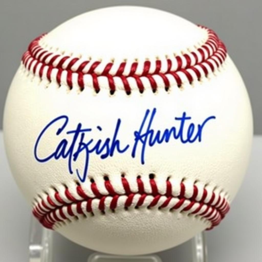 Close-up of a baseball with Catfish Hunter's autograph