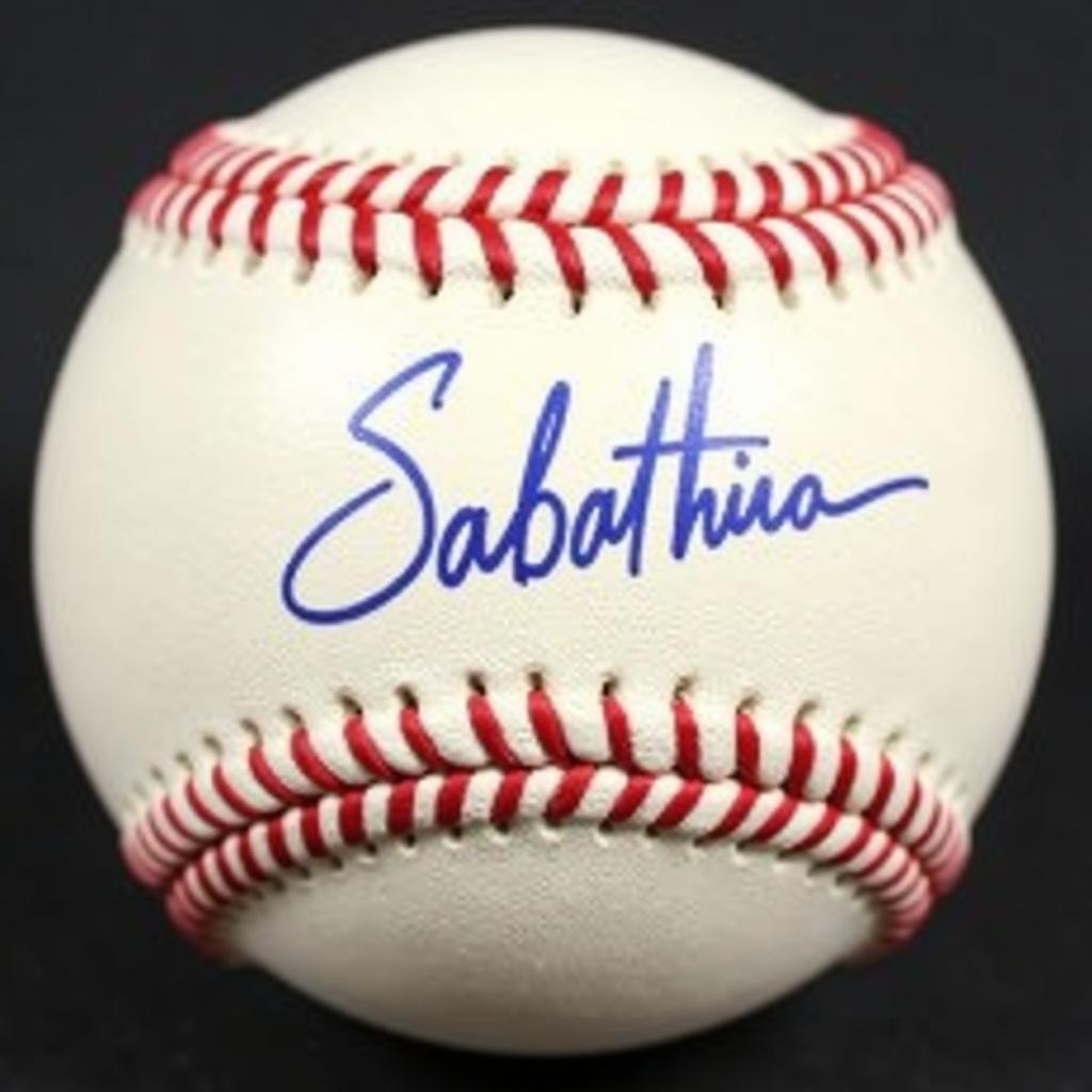 Close-up of a baseball signed by CC Sabathia