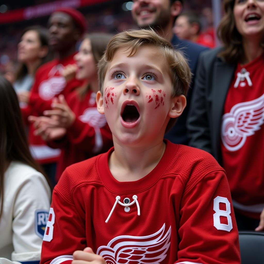 A young fan proudly sporting a CCM Red Wings jersey at a game