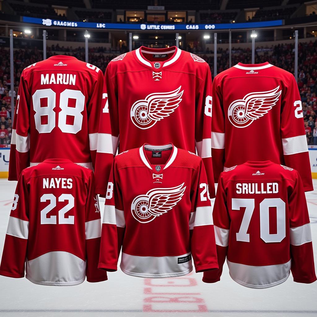 A variety of CCM Red Wings jerseys showcasing different styles and player names 