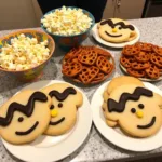 A table filled with delicious Charlie Brown Christmas-themed snacks like popcorn, cookies, and pretzels.