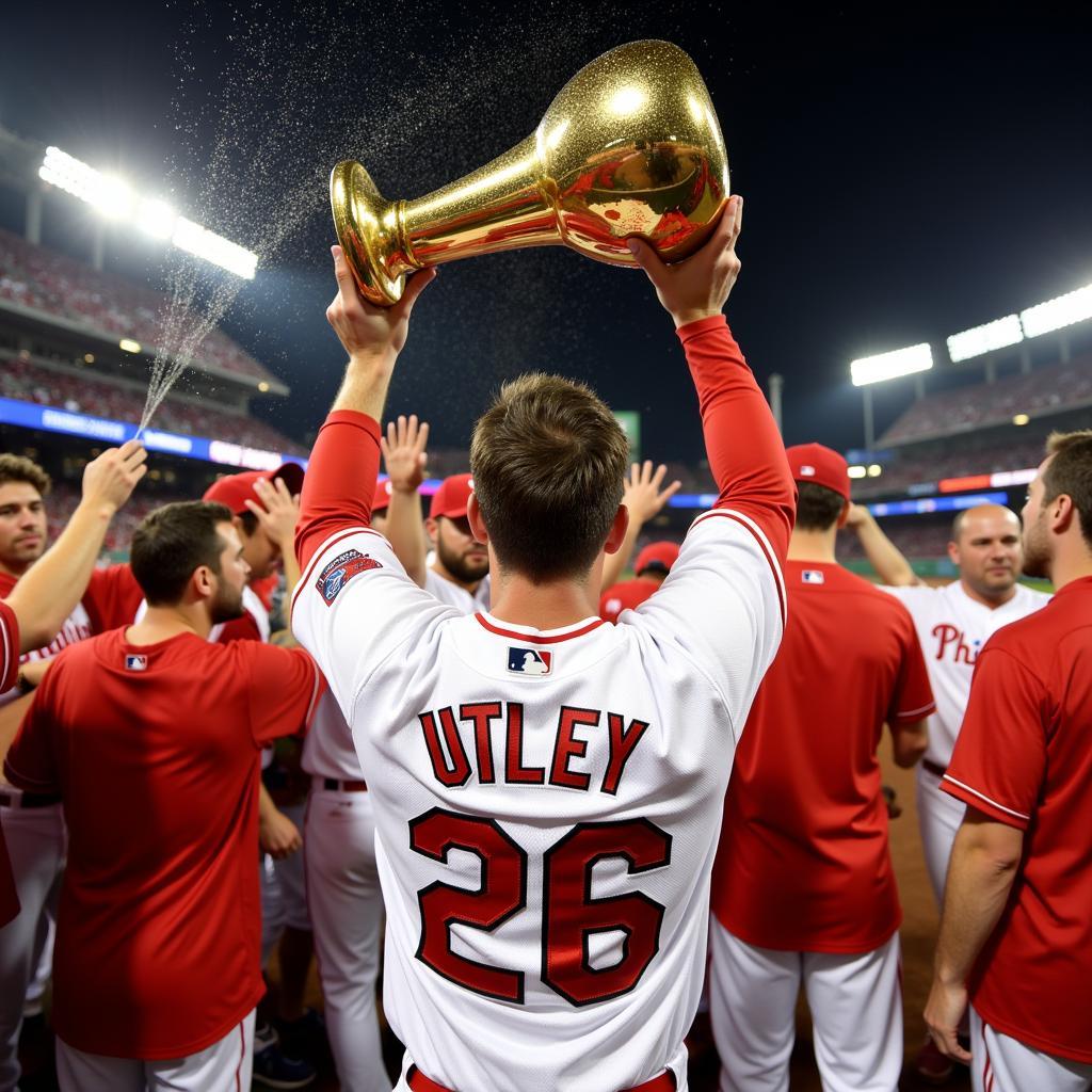 Chase Utley celebrates the Phillies' 2008 World Series victory