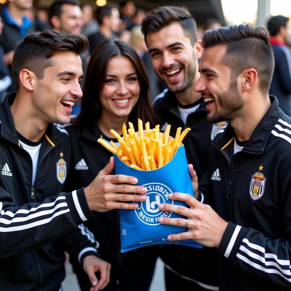 Fans enjoying cheddar fries from a blue bag