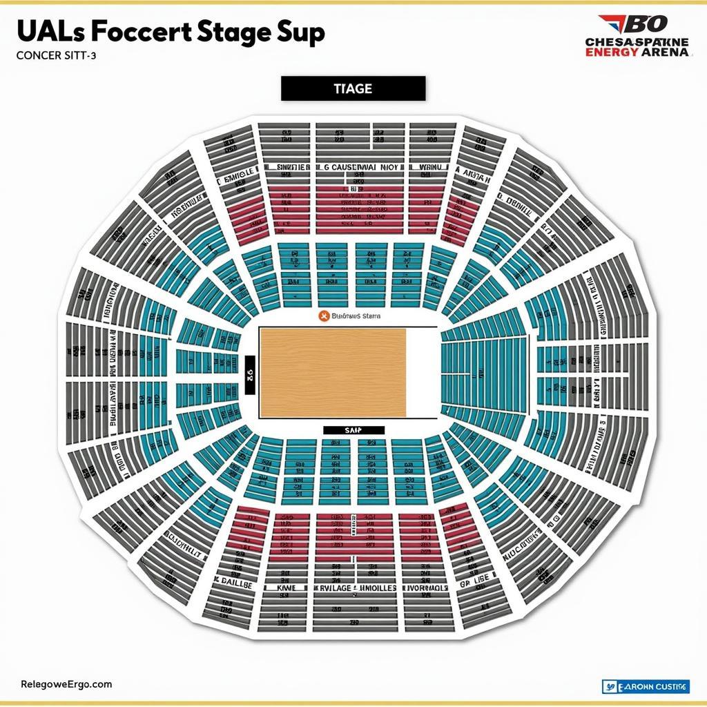 Concert stage setup at Chesapeake Energy Arena with seating sections highlighted