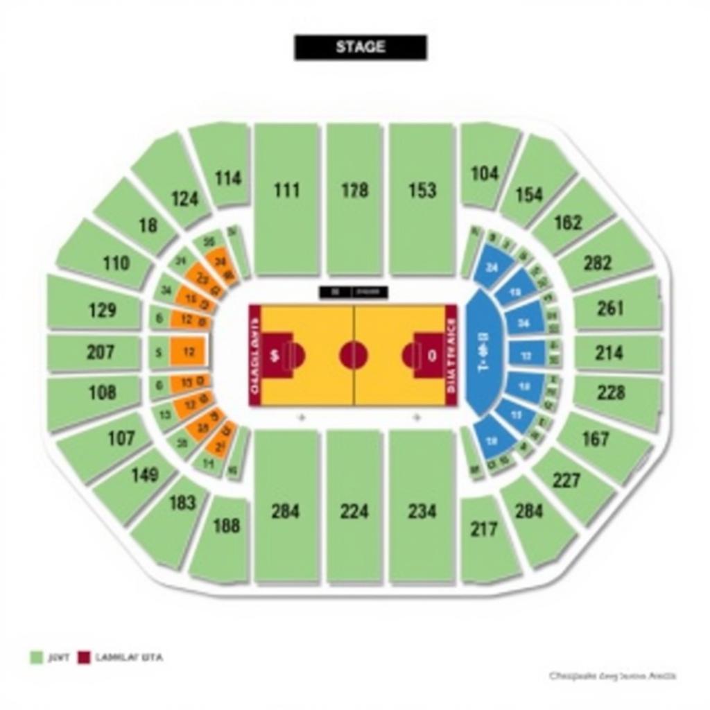 Chesapeake Energy Arena seating chart with section numbers and colors