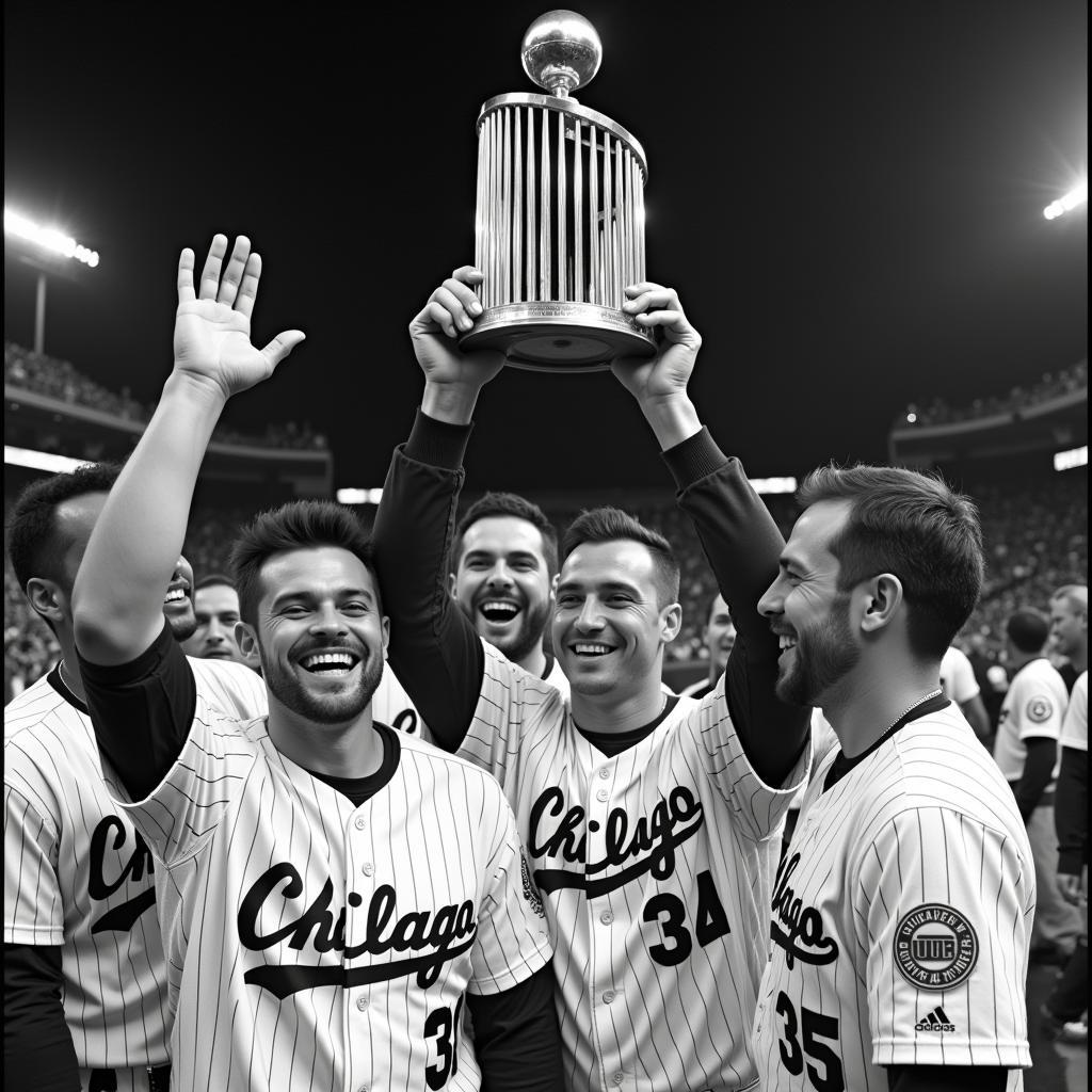 The Chicago Cubs celebrating with the 1908 World Series trophy